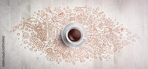 Coffee concept on wooden background - white coffee cup, top view with doodle illustration about coffee, beans, morning, espresso in cafe, breakfast. Morning coffee illustration. Hand draw and coffee