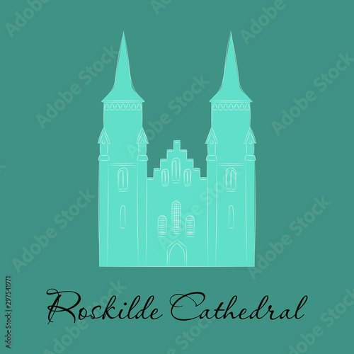 World sights. Travel to Europe. Architectural building, famous church of Denmark, cathedral of Diocese of Zeeland, mausoleum of Roskilde. Vector illustration isolated on white background.