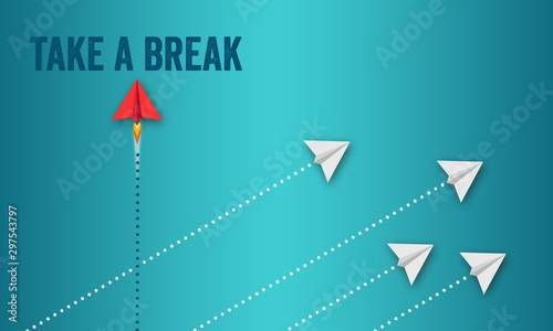 Illustration with miniature air planes with message take a break on coloured background #297543797