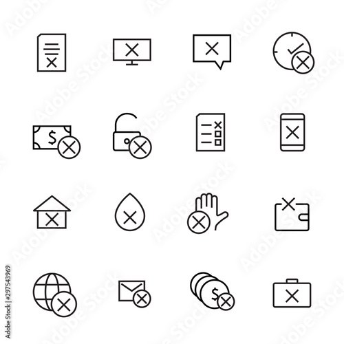 A simple set of reject related vector line icons. Contains icons such as Refuse Money, Cancel Document, Cancel, Rejection, and more. Editable Bar. 48x48 Pixel Perfect
