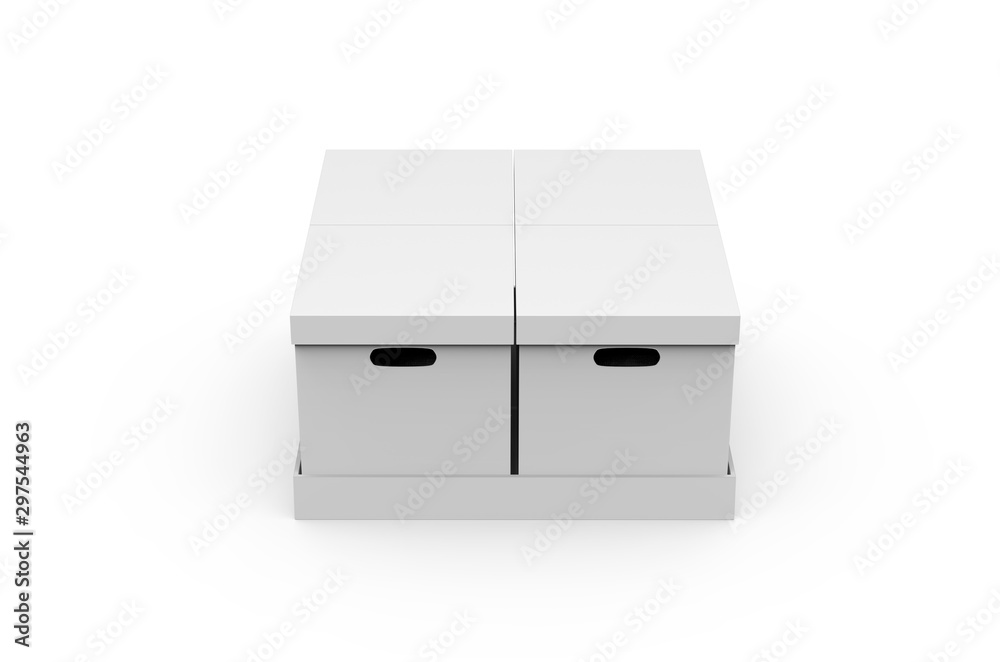 Paper palette with four cardboard boxes mockup template on isolated white background, 3d illustration Paper palette with four cardboard boxes mockup template on isolated white background, 3d illustration