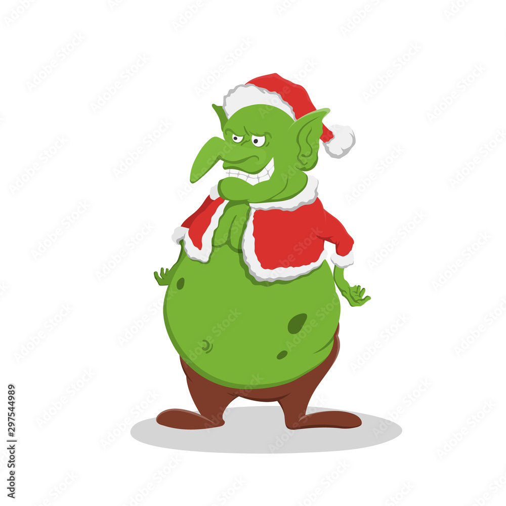 Fat goblin in christmas hat. Green troll in cartoon style. Fantasy monster in santa cotume. Standing gremlin Fat goblin in christmas hat. Green troll in cartoon style. Fantasy monster in santa cotume. Standing gremlin
