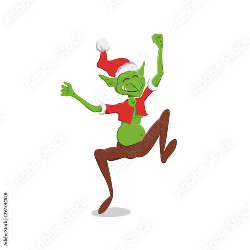 Thin goblin in christmas hat. Green troll in cartoon style. Fantasy monster in santa cotume. Jumping gremlin photo