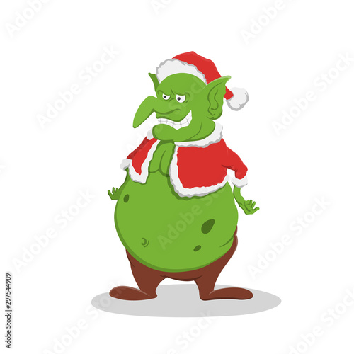 Fat goblin in christmas hat. Green troll in cartoon style. Fantasy monster in santa cotume. Standing gremlin
