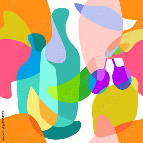 Seamless pattern with fruits, bottles. 