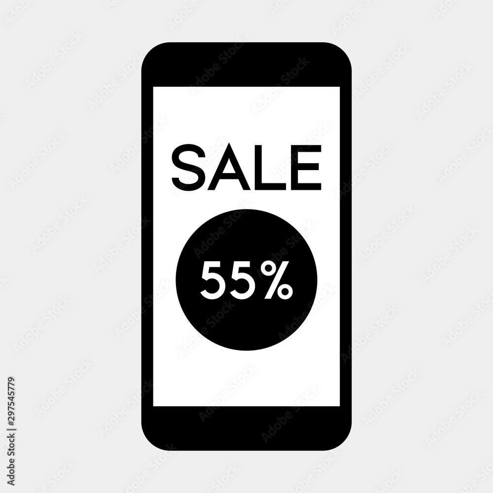 Mobile phone with Sale 55 percent icon on screen,vector.