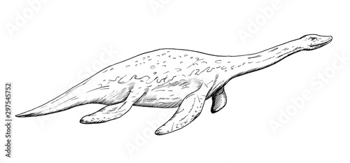 Drawing of water dinosaur - hand sketch of Plesiosaurus, black and white illustration