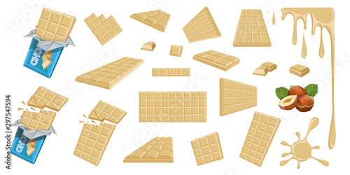 Chocolate. Hazelnut. White chocolate. Sweetened block made from roasted and ground cacao seeds. White chocolate bar and pieces. Confectionery. Set of different foreshortening of chocolate products.