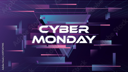 Cyber monday vector banner or poster. Futuristic glitch, 3d neon glow design. Discounts, shopping promotion.
