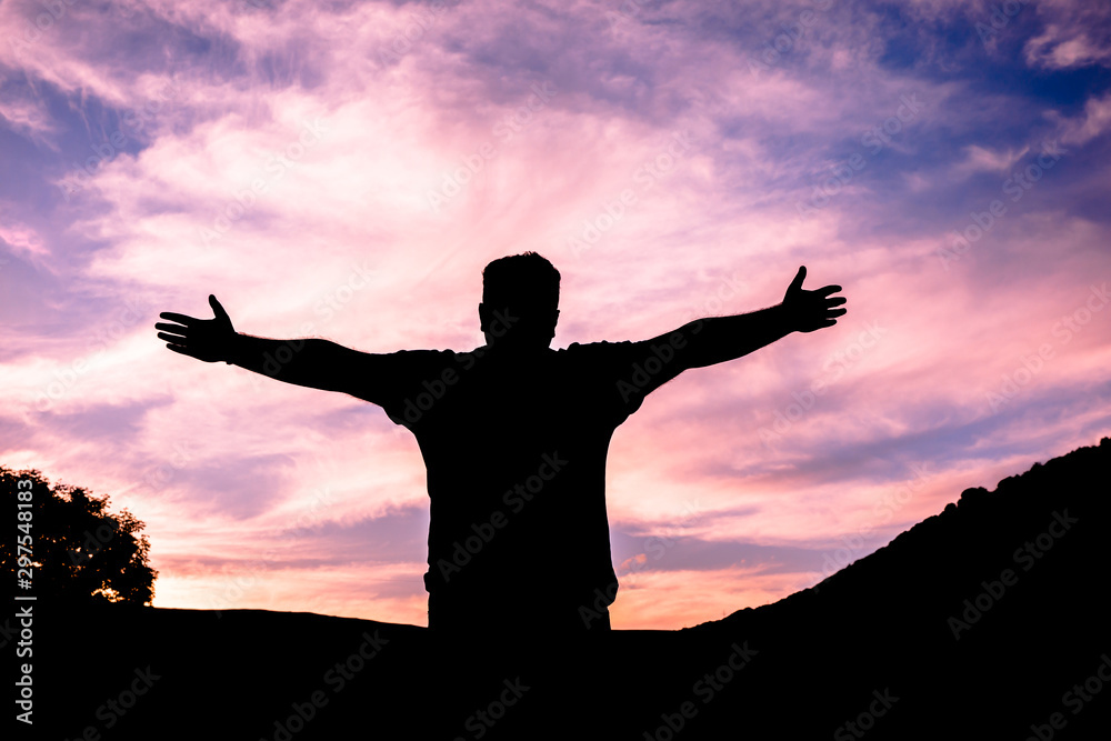 happy man hand in mountain