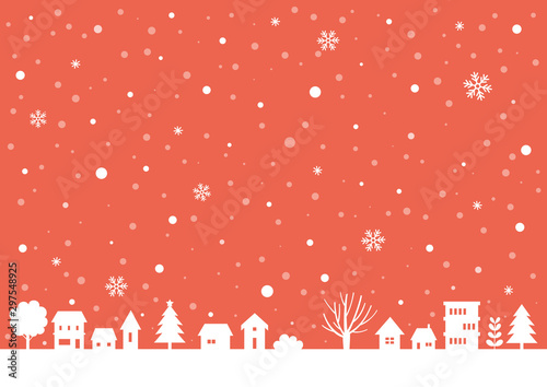 Christmas little town silhouette on red background