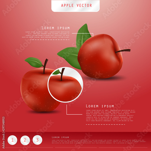 Realistic Red Apples Banner background. Realistic 3d apples. Detailed 3d Illustration Poster or Banner. Healthy and Natural fruit design in EPS10 vector illustration.