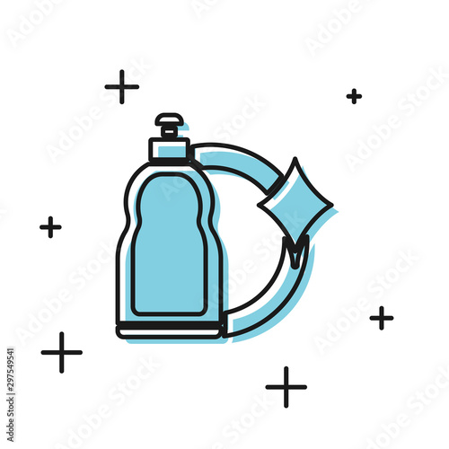 Black Plastic bottle for liquid laundry detergent, bleach, dishwashing liquid or another cleaning agent icon isolated on white background. Vector Illustration