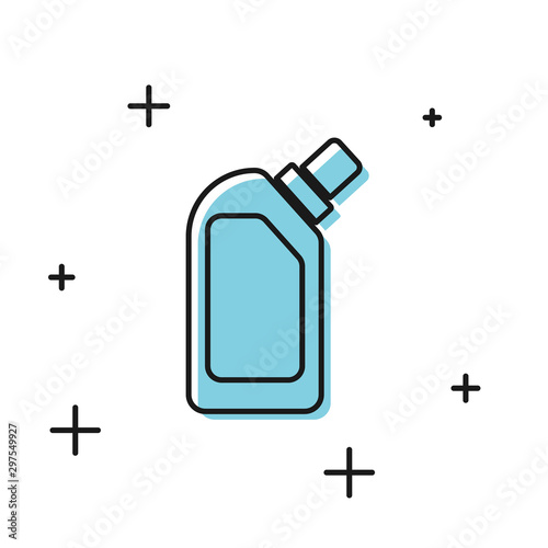 Black Plastic bottle for liquid laundry detergent, bleach, dishwashing liquid or another cleaning agent icon isolated on white background. Vector Illustration