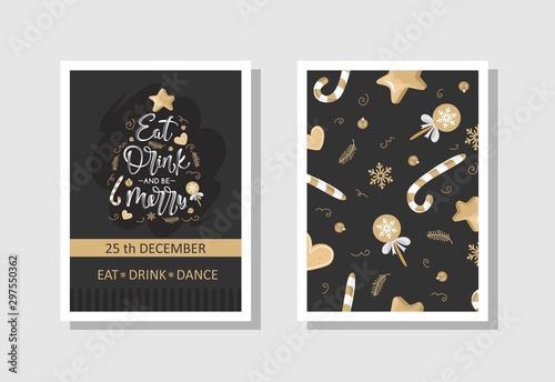 Christmas gift cards with lettering and hand drawn design elements. Vector illustration.