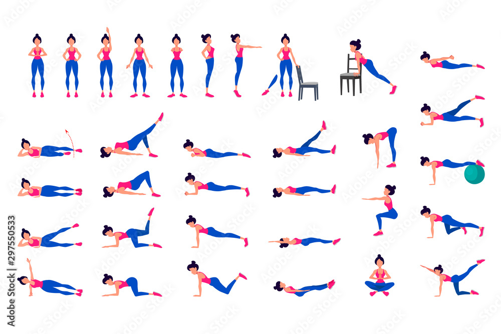 yoga poses in flat design. woman is doing exercise for body stretching. Healthy lifestyle. Fitness cardio exercises. abstract isolated vector illustration