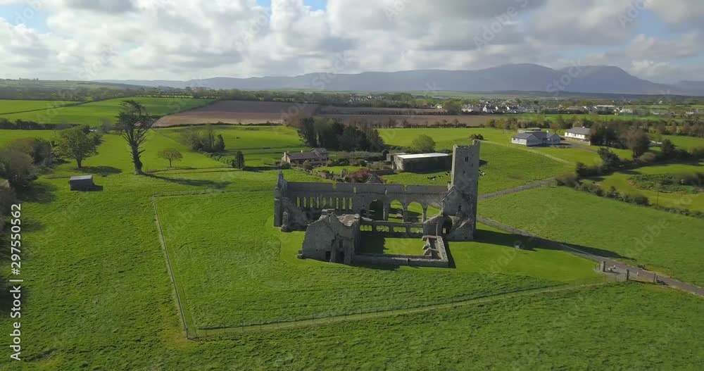 Ardfert friary ruins aerial view. Ireland, Ardfert. April 2019 Ardfert friary ruins aerial view. Ireland, Ardfert. April 2019