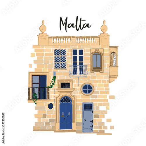 Part of traditional maltese house made of sandy stone bricks with various doors, Fototapeta