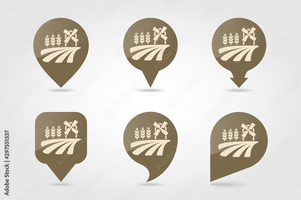 Field with windmill and ears of wheat pin map icon