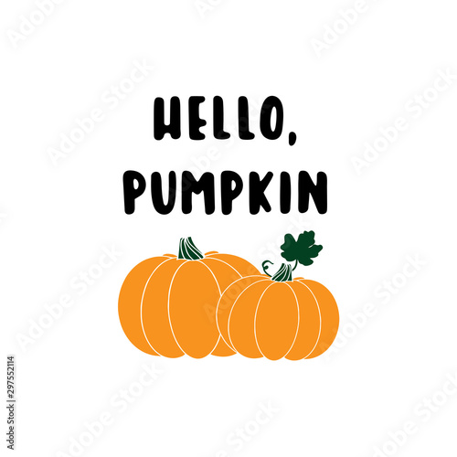 Hand sketched "Hello, pumpkin" quote with pumpkins, isolated on white background. Lettering for postcard, invitation, poster, icon, banner template typography.