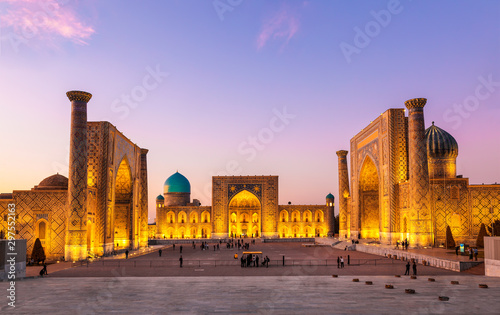 View of Registan square in Samarkand - the main square with Ulugbek madrasah, Sherdor madrasah and Tillya-Kari madrasah at sunset. Uzbekistan photo
