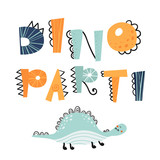 Vector illustration in cartoon style with DINO PARTY lettering.