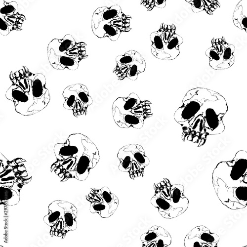 Watercolor hand drawn artistic  spooky Halloween predator human skull cartoon  vintage seamless pattern
