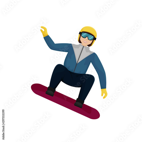 Girl snowboarder in a yellow ski helmet and glasses going down. Isolated flat vector illustration.