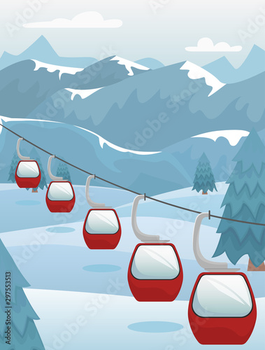 Winter mountain landscape with ski lifts on the slope. Ski resort. Flat vector illustration.