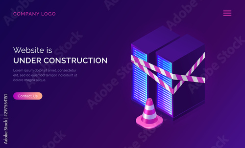 Website under construction, maintenance work or error page isometric concept vector illustration. Server racks with warning signal tape and traffic cone, purple ultraviolet web banner