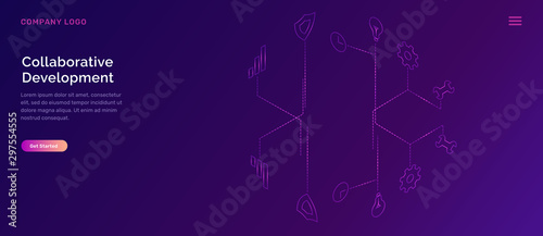 Collaborative development, isometric business concept vector. Holographic interface icons shield, clock, light bulb, gear and wrench with connections on ultraviolet background