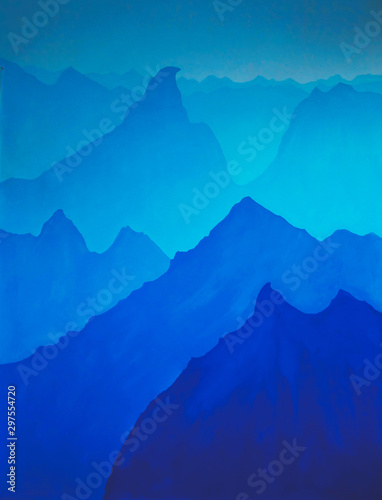 layers of blue mountains are painted with wallpaper. art on the wall in a cozy design house