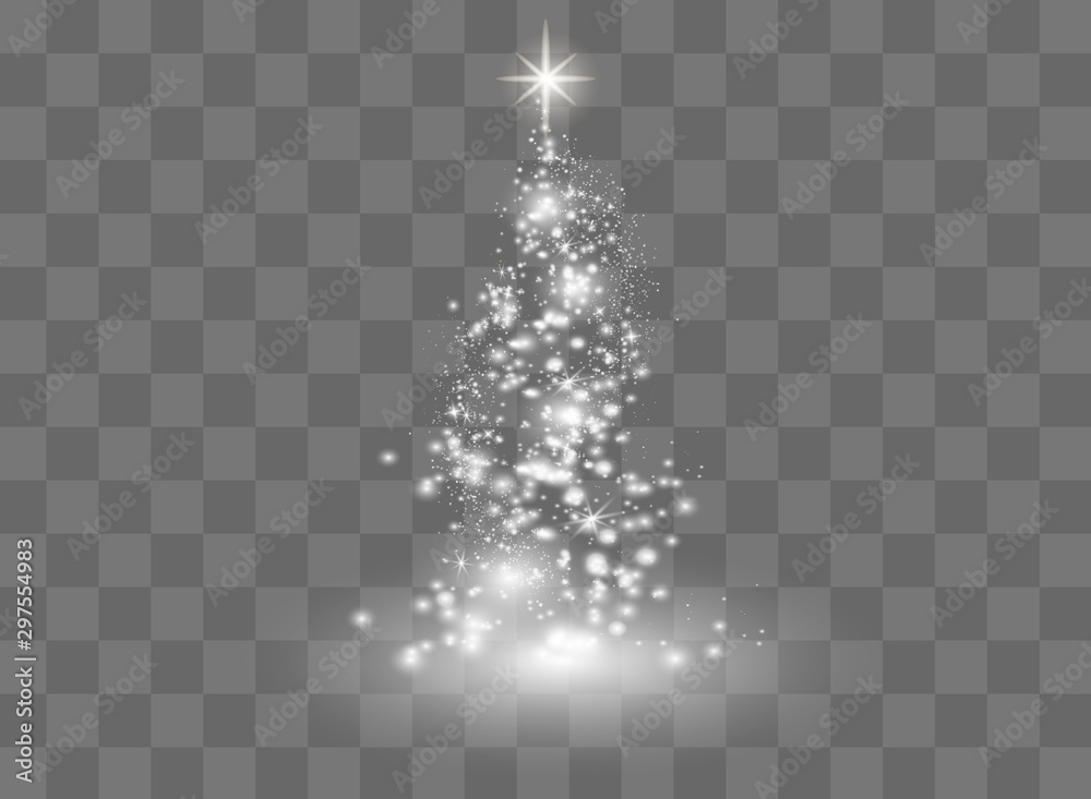 Illumination Lights Shiny Christmas tree Isolated on Transparent Background. White tree as symbol of Happy New Year, Merry Christmas holiday celebration. Bright light decoration design. Vector. - obrazy, fototapety, plakaty 