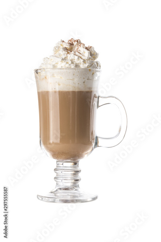 Latte coffee with whipped cream in coffee mug isolated on white background