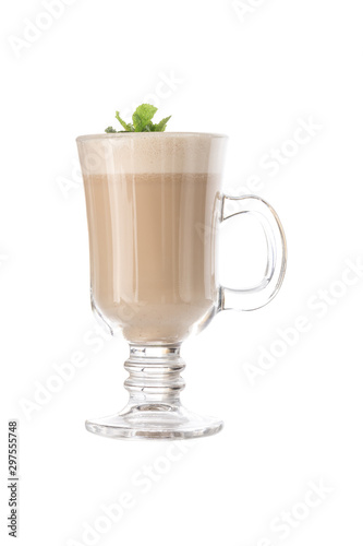 Latte coffee with mint leaf in coffee mug isolated on white background
