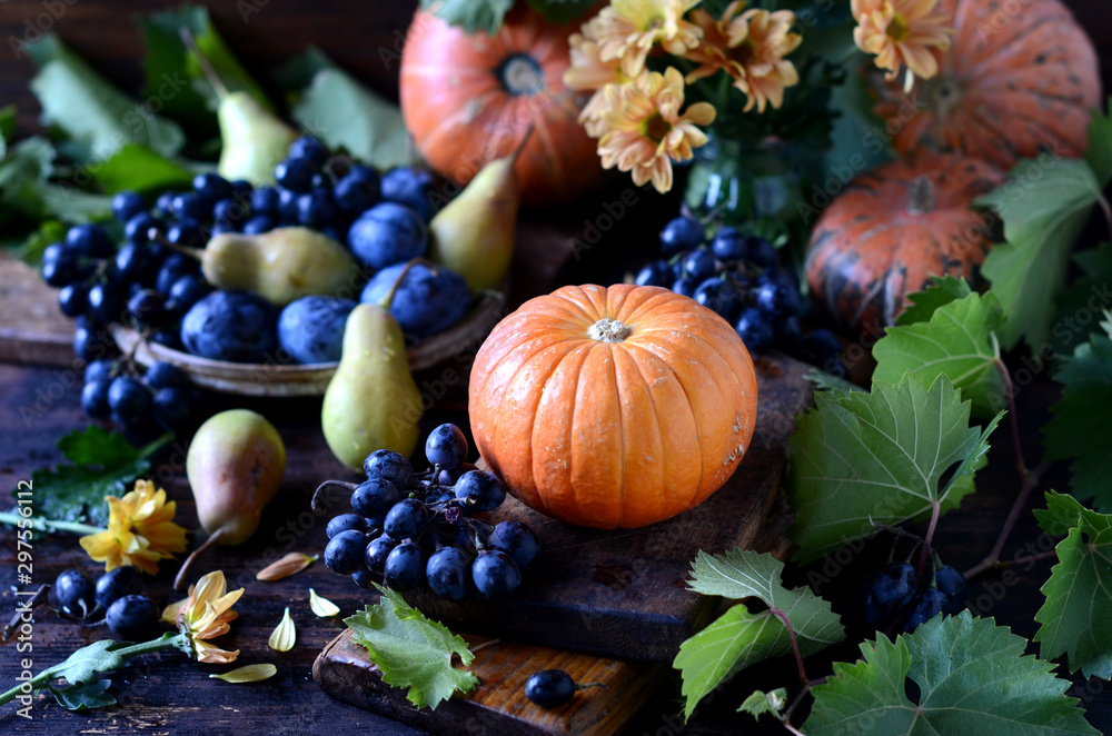 Autumn still life: pumpkins, grapes, pears on a dark background Autumn still life: pumpkins, grapes, pears on a dark background
