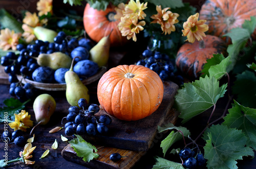 Autumn still life  pumpkins  grapes  pears on a dark background