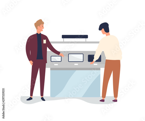 Consumer at electronics store flat vector illustration