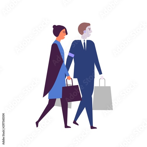Woman and robotized assistant with shopping bags flat vector illustration. Robots in daily human life. AI helper, humanoid in suit. Cyborg helping businesswoman cartoon characters isolated on white.