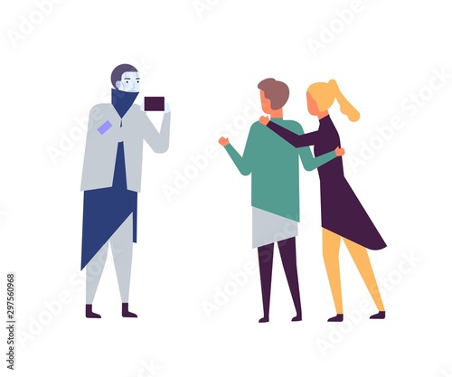 Robot taking photo of couple flat vector illustration. Artificial intelligence in daily life. AI friend photographing. Robotized assistant, cyborg and people cartoon characters isolated on white.