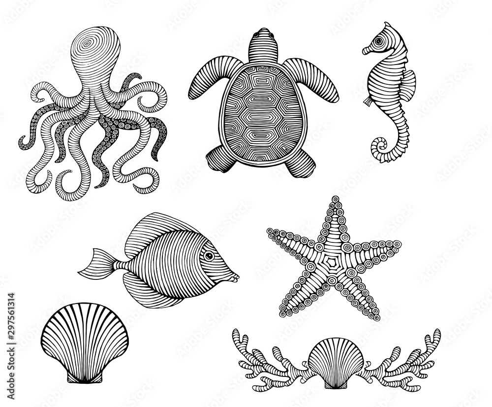 vintage hand drawn line art sea creatures engraved