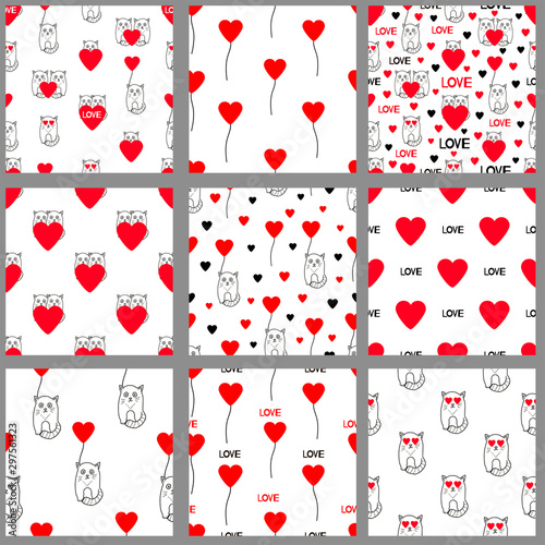 Seamless patterns with cute cats. Hearts. Valentine Day.