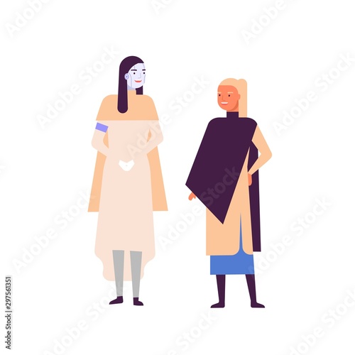 Robot and woman standing together flat vector illustration