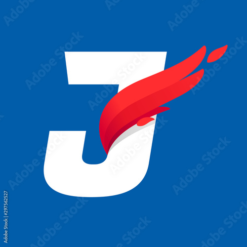 J letter logo with fast speed red bird wing.