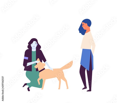 Robotized assistant walking dog flat vector illustration