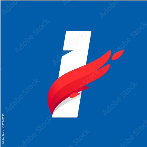 Letter I logo with fast speed red bird wing.