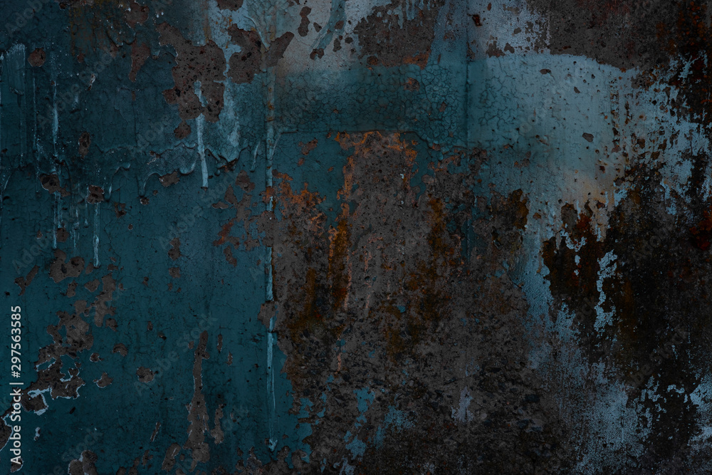 Fototapeta Streszczenie tekstura tło. Twórczy sztuka ścienna z bliska. Piękne ciemne tło. Maluj na ścianie. Niebieska, szara, pomarańczowa i żółta stara popękana betonowa powierzchnia ściany