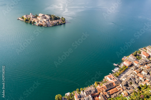 Aerial View of San Giulio island located on the Lake Orta, Italy