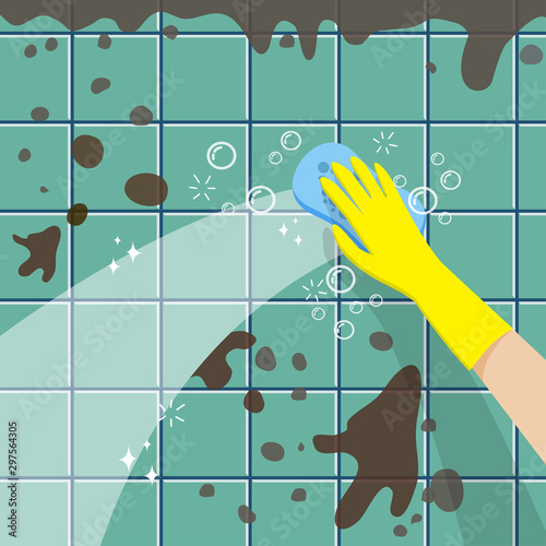 vector of hand with yellow rubber glove holding sponge for cleaning dirty tile wall , design for cleaning service company
