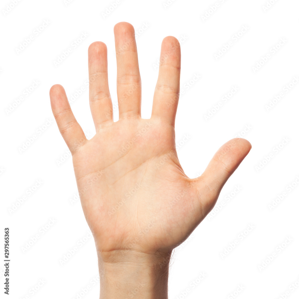 Finger spelling number 5 in American Sign Language on white background. ASL concept Finger spelling number 5 in American Sign Language on white background. ASL concept